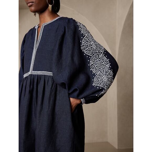 Banana Republic Dresses & Skirts - BANANA REPUBLIC Yara Embroidered Linen Mini Dress L Large Parachute Sleeve